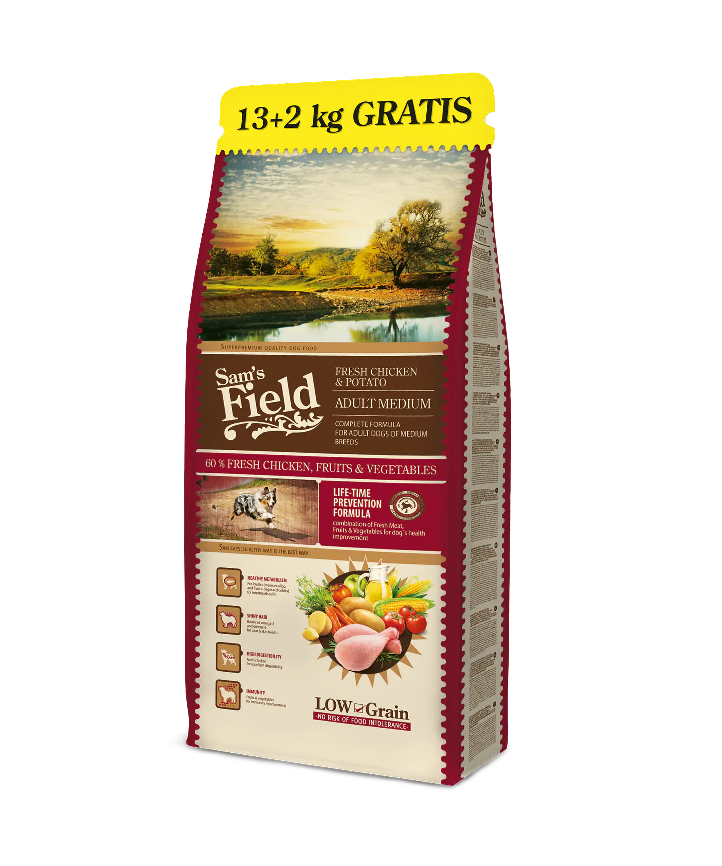 Sam's Field Low Grain Frango e Batata Adulto Médio 13Kg + 2Kg Grátis 1