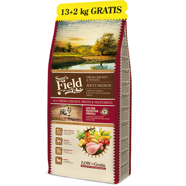 Sam's Field Low Grain Frango e Batata Adulto Médio 13Kg + 2Kg Grátis