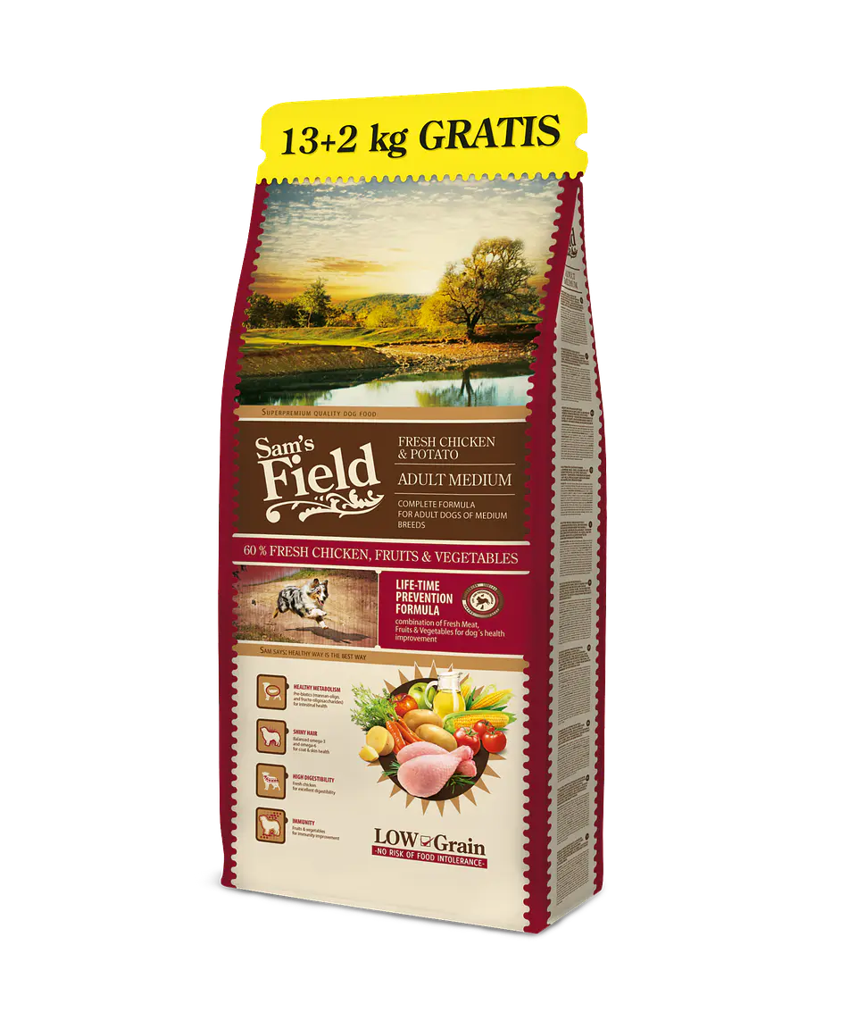 Sam's Field Low Grain Frango e Batata Adulto Médio 13Kg + 2Kg Grátis 1