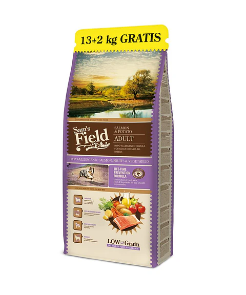 SAM'S FIELD LOW GRAIN ADULT DOG HYPOALLERGENIC SALMON & POTATO 13KG + 2KG GRÁTIS