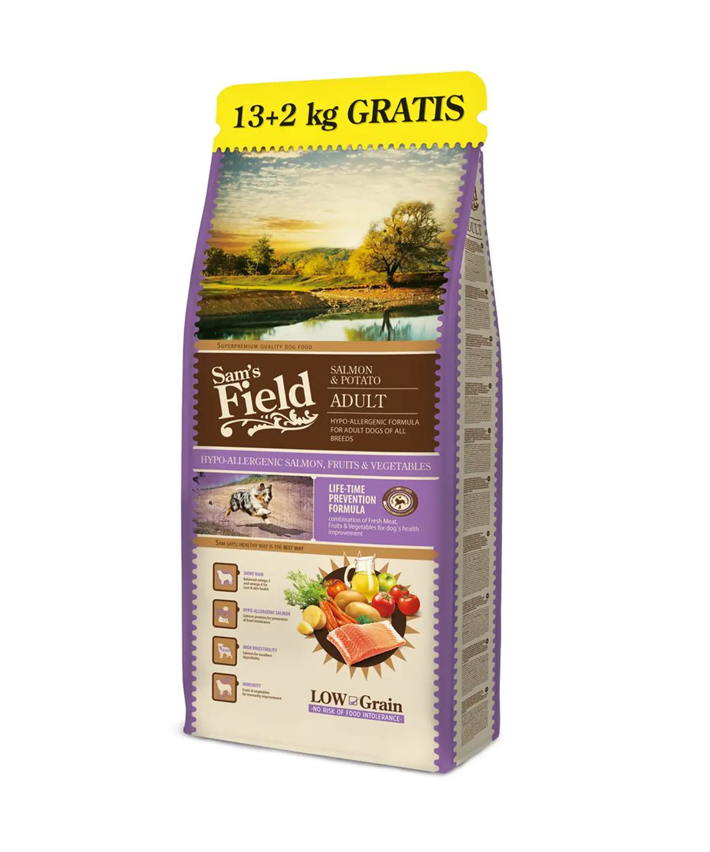 SAM'S FIELD LOW GRAIN ADULT DOG HYPOALLERGENIC SALMON & POTATO 13KG + 2KG GRÁTIS 1