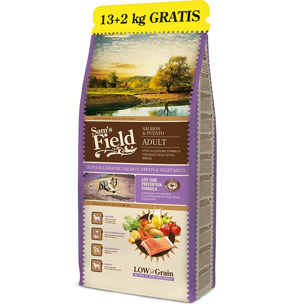 SAM'S FIELD LOW GRAIN ADULT DOG HYPOALLERGENIC SALMON & POTATO 13KG + 2KG GRÁTIS