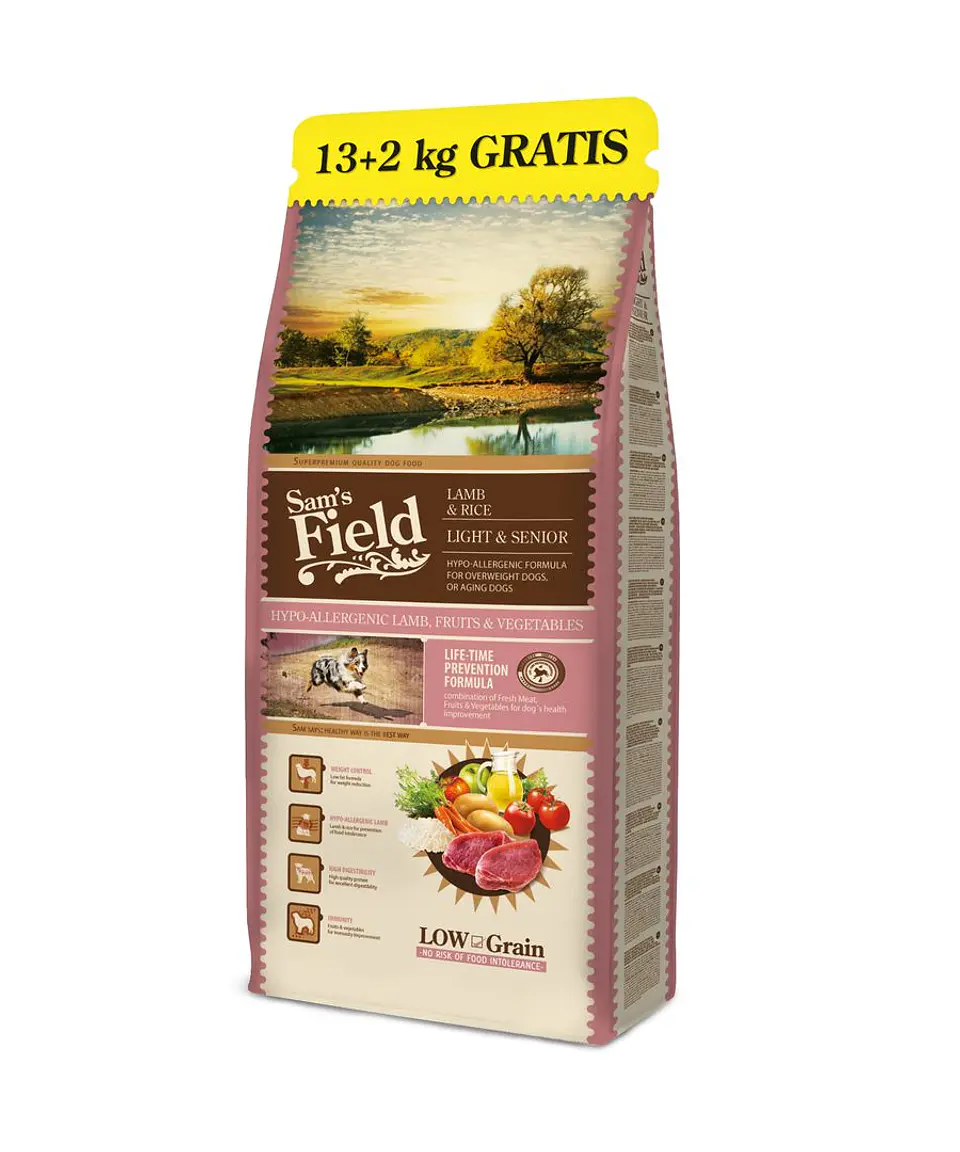 Sam's Field Low Grain Adult Dog Hypoallergenic Lamb Light & Sénior 13kg + 2Kg Grátis 1