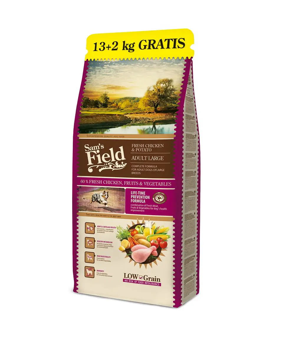 Sam's Field Ração Cão Adulto Para Raças Grandes Low Grain Frango & Batata 13Kg + 2 Kg Grátis 1