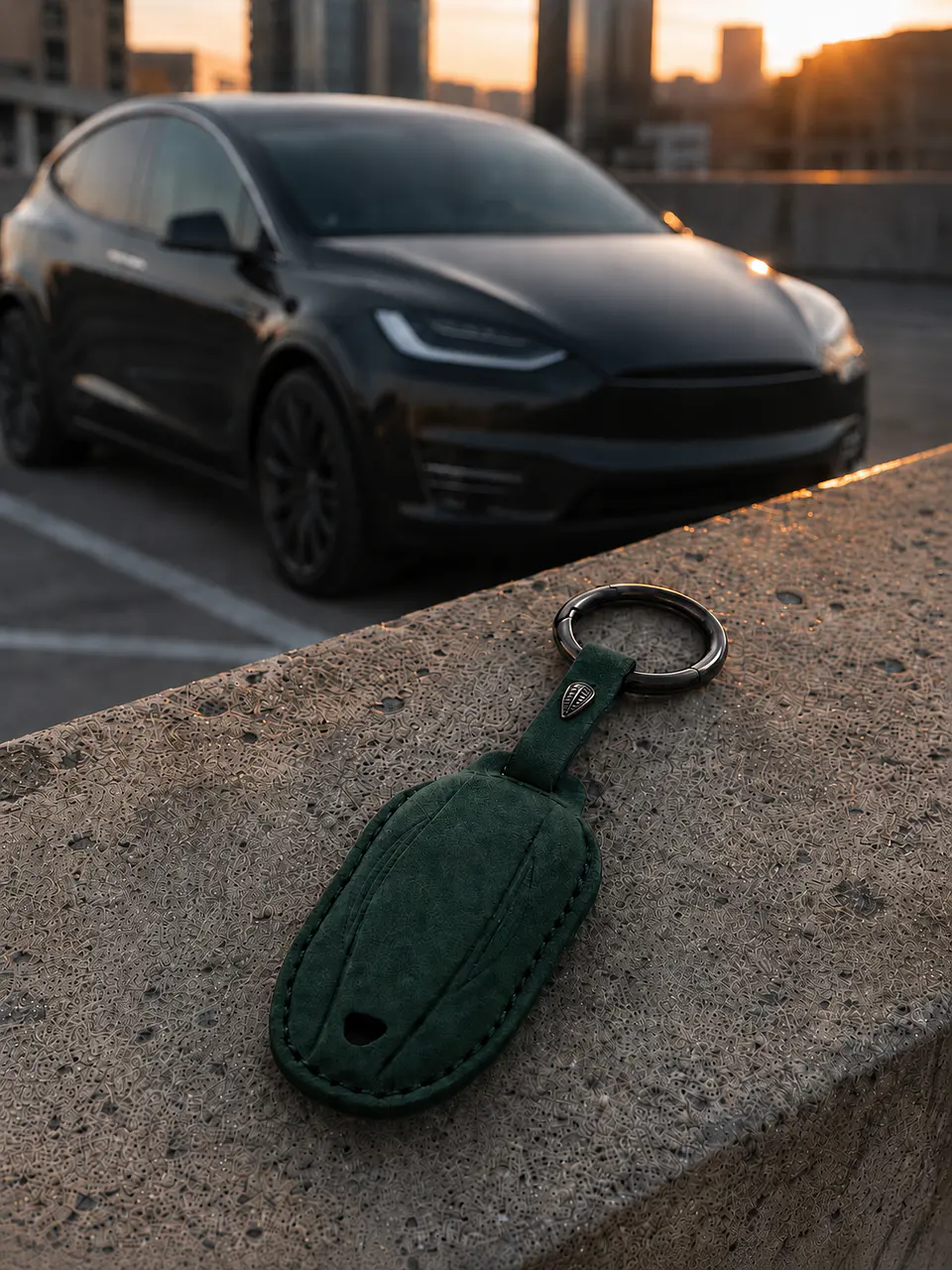Tesla Model S / X Key Case — Dark Green Alcantara 2