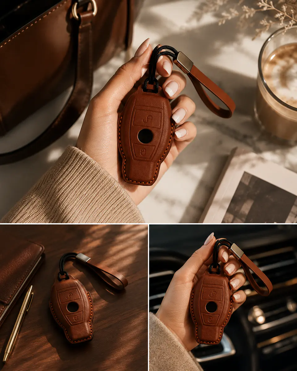 Leather Smart Key Case — Compatible with Mercedes-Benz — Cognac Brown 2