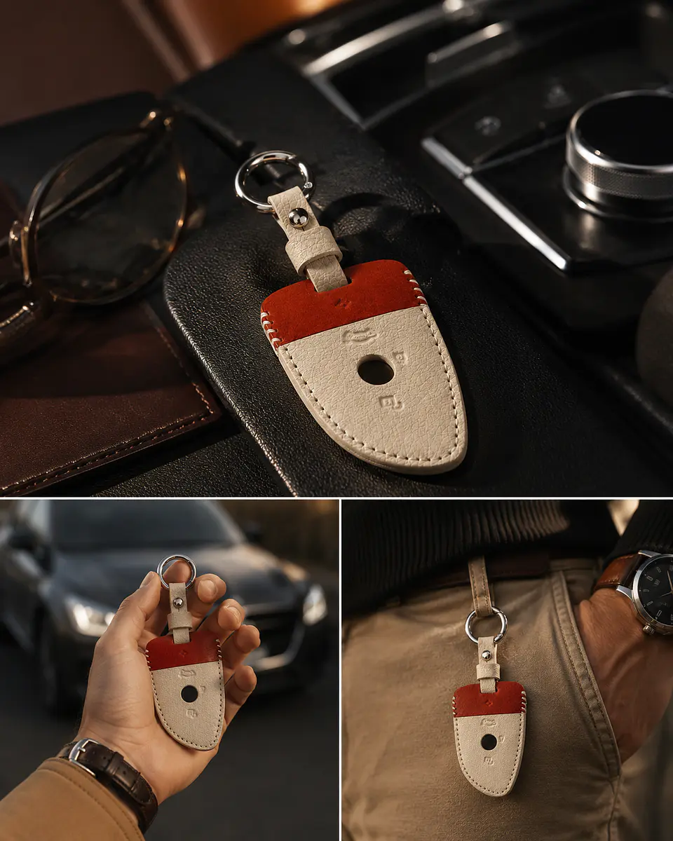Leather Smart Key Case — Compatible with Mercedes-Benz — Cream & Red 2