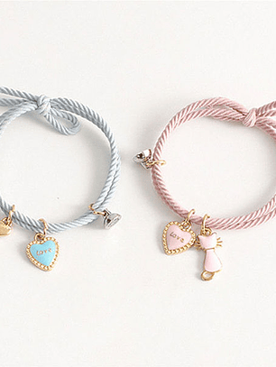 Pulseras lazo elástico ajustable con imán, corazón y gato para parejas y amigas BFF