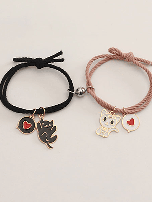 Pulseras lazo elástico ajustable gatos kawaii con iman para parejas y amigas BFF