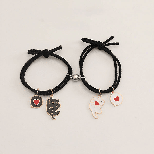 Pulseras lazo elástico ajustable gatos kawaii con iman para parejas y amigas BFF 3