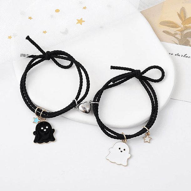 Pulseras lazo elástico ajustable fantasmas kawaii con imán para parejas y amigas BFF 3