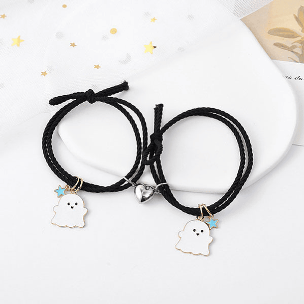 Pulseras lazo elástico ajustable fantasmas kawaii con imán para parejas y amigas BFF 4