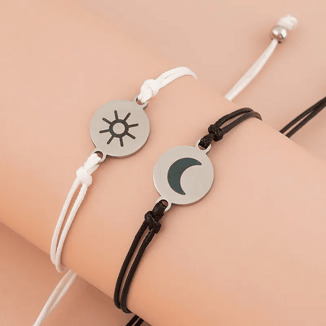 Pulsera lazo ajustable placa sol y luna para parejas y mejores amigas BFF