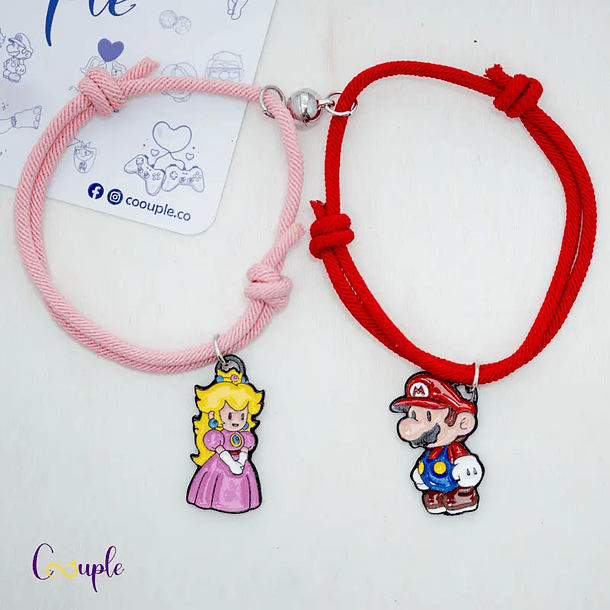 Pulseras lazo ajustable con imán de Mario Bros y Princesa Peach para parejas  1