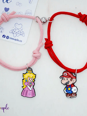 Pulseras lazo ajustable con imán de Mario Bros y Princesa Peach para parejas 