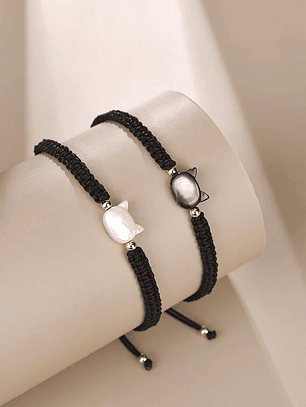 Pulseras gatos piedra de obsidiana lunar natural para pareja
