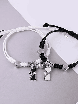 Pulseras lazo ajustable con imán, dije de silueta de gato corazones para parejas y amigos BFF 
