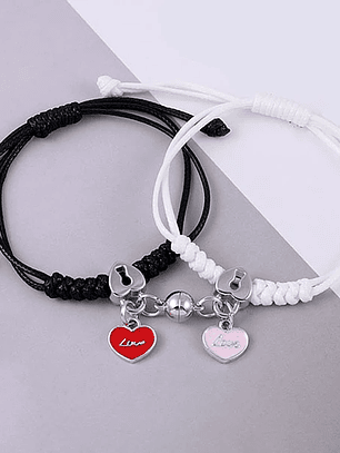 Pulseras lazo ajustable con imán, dije de corazones para parejas y amigos BFF