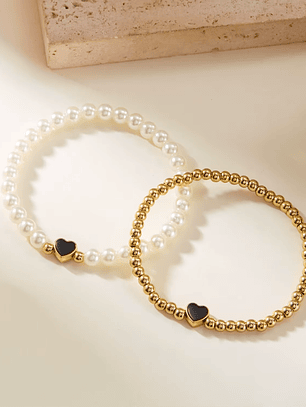 Pulseras de corazón para mujer de perlas dorada y blanca 