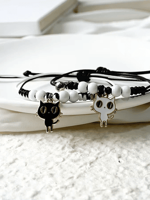 Pulsera para parejas con dije de gato para mujer y hombre, blanco y negro amigos bff 
