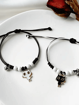 Pulsera para parejas con dije de gato para mujer y hombre, blanco y negro amigos bff 