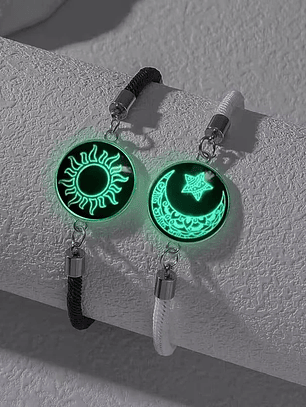 Pulseras NO VIBRAN lazo trenzado románticas para parejas luminosas de acero inoxidable con sol y luna