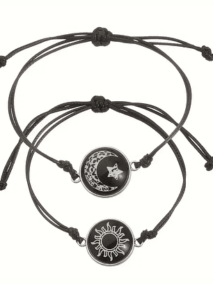 Pulseras de hilo ajustable románticas para parejas luminosas de acero inoxidable Sol y Luna, mariposa