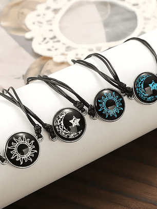 Pulseras de hilo ajustable románticas para parejas luminosas de acero inoxidable Sol y Luna, mariposa