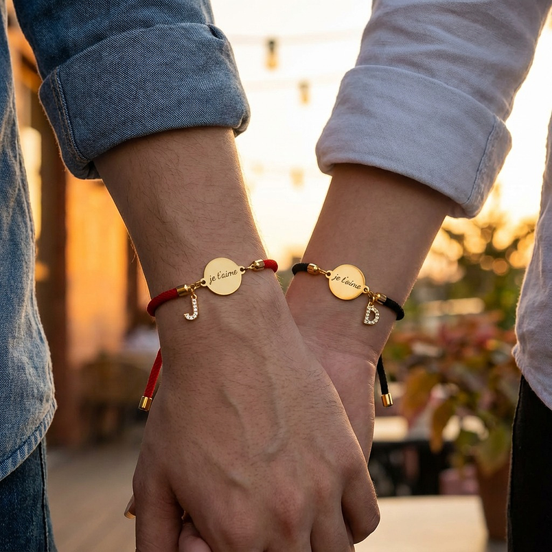 Pulseras parejas con grabado laser frase más inicial de circón 1