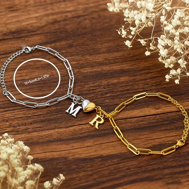 Pulseras Personalizadas con Inicial en Acero Inoxidable con Colgante de Corazón / AURA 2