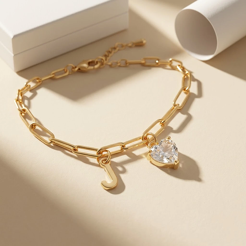 Pulsera con Inicial en circon Corazón de Cristal en Acero Inoxidable 1