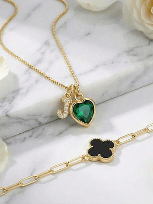 Pulsera personalizada de trébol con collar personalizable de inicial en circón 