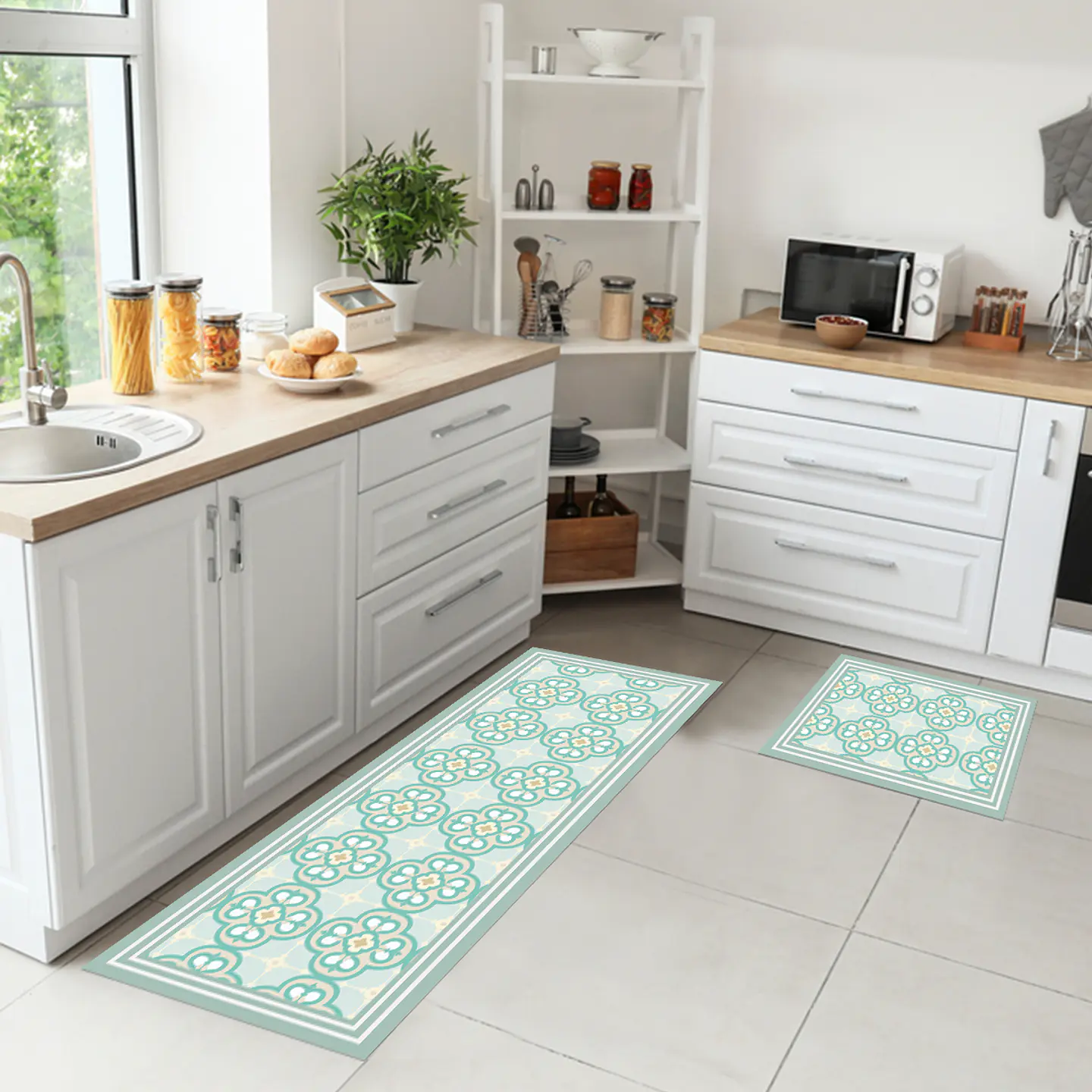 Set 2 Alfombras de Cocina Ultra Delgada Arabe Turquesa 1