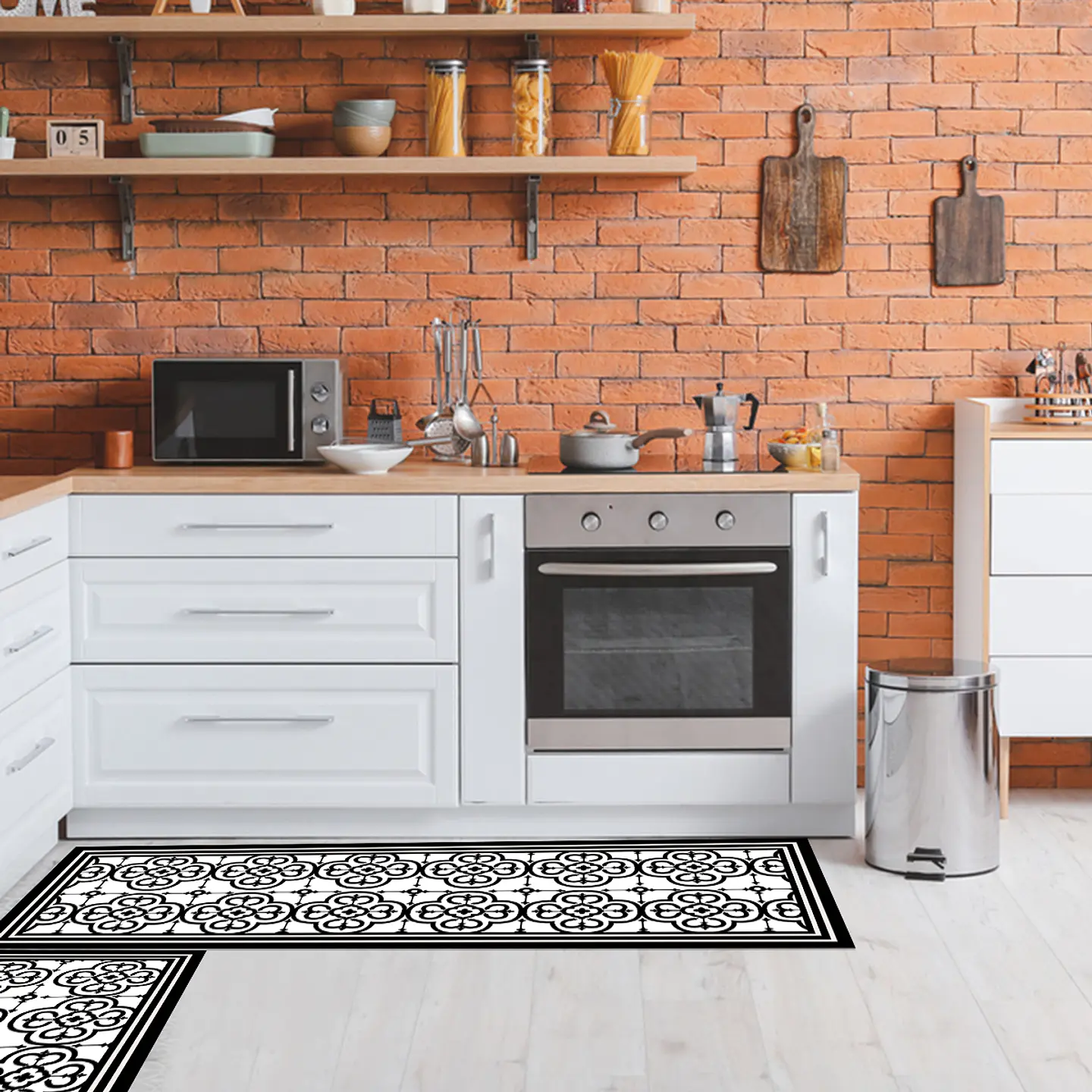Set 2 Alfombras De Cocina Ultra Delgada Flor Arabe Black 1