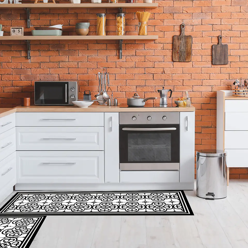 Set 2 Alfombras De Cocina Ultra Delgada Flor Arabe Black 1