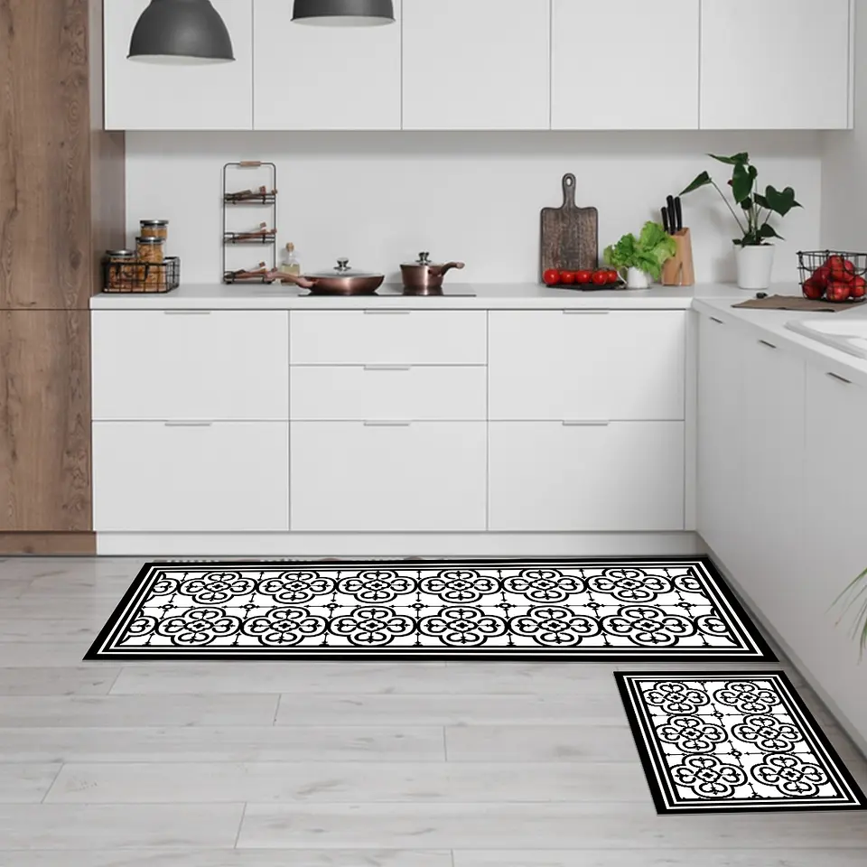 Set 2 Alfombras De Cocina Ultra Delgada Flor Arabe Black 2
