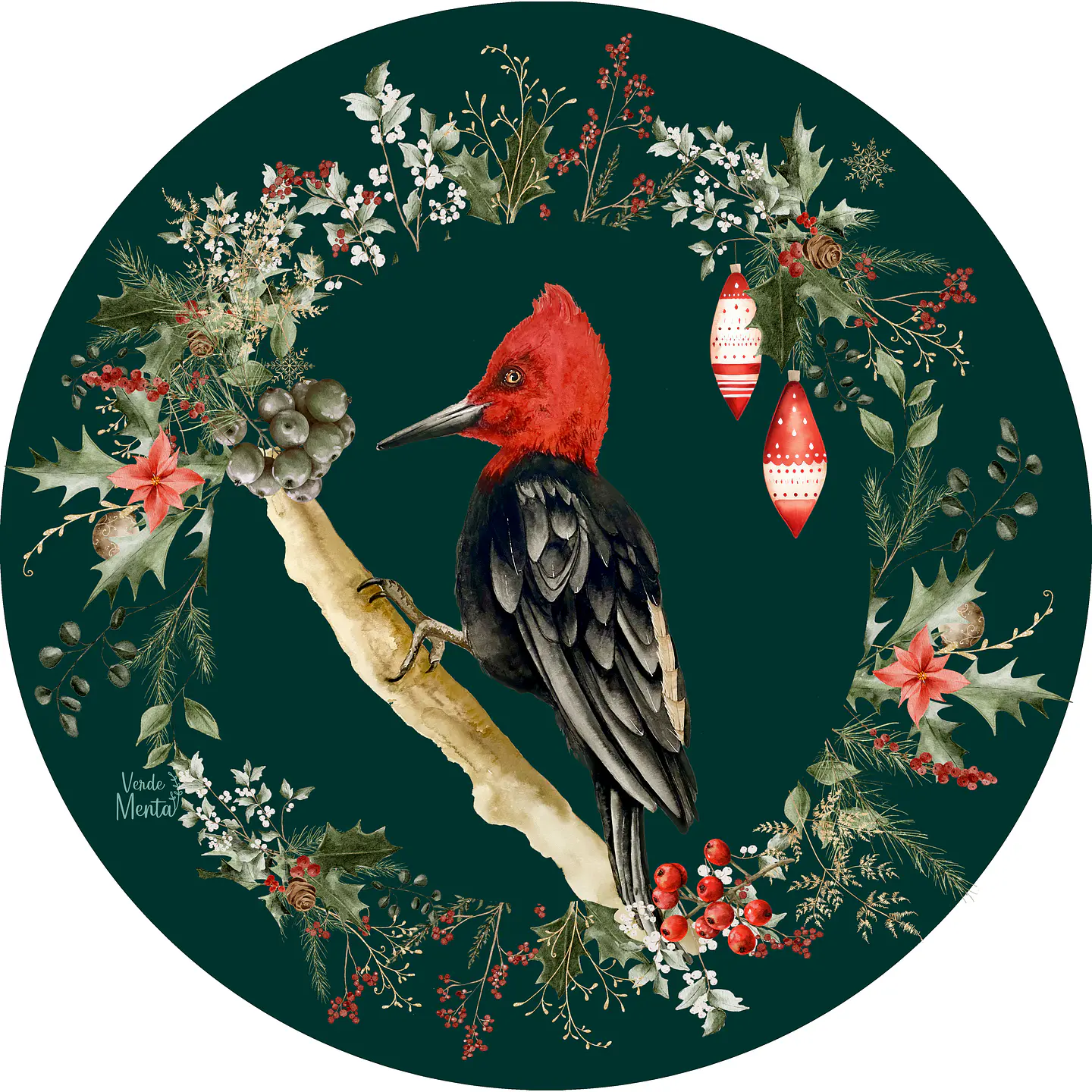 Set 6 individuales Navidad Carpintero Verde Redondo 37 x 37 cm 1