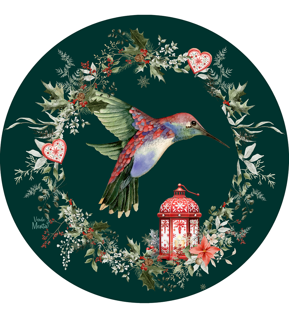 Set 6 individuales Navidad Picaflor Verde Redondo 37 x 37 cm