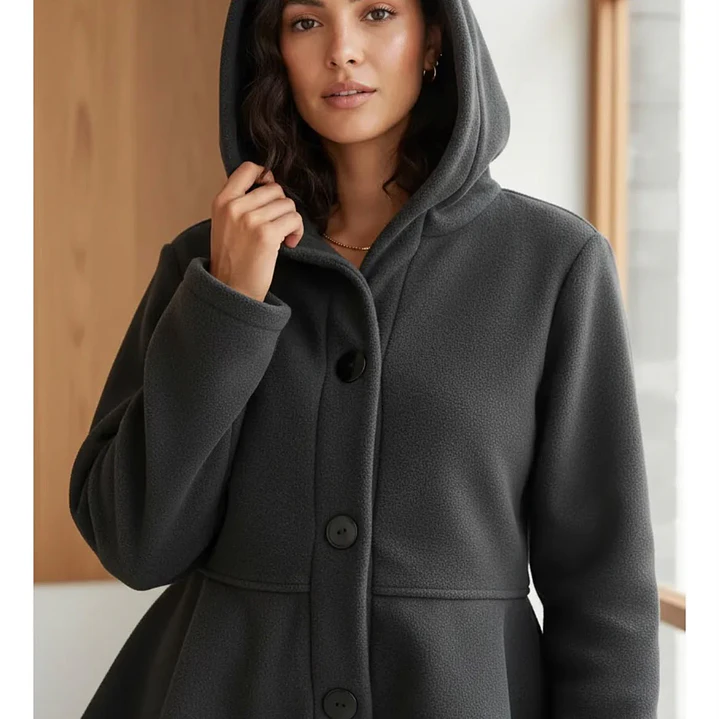 Abrigo Polar Peplum Con Gorro Y Botones Coração Negro 1