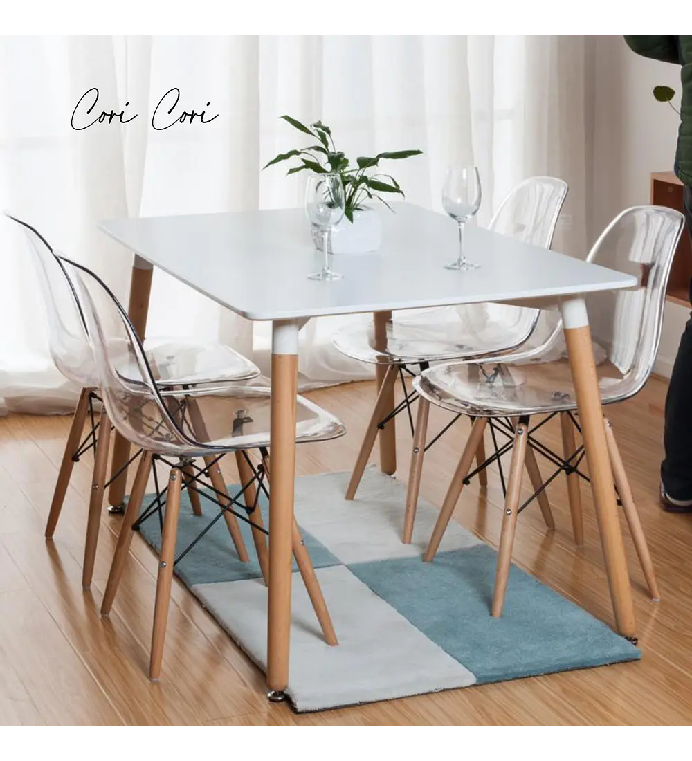 Comedor Mesa Rectangular Melamina 120 x 80 + 4 Sillas Eames Transparentes