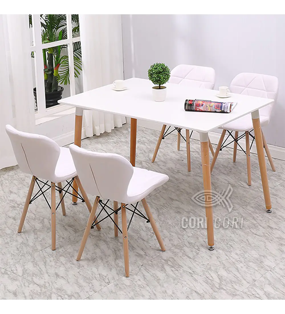 Comedor Mesa Blanca 130 x 80 + 4 Mariposa Eames Ecocuero