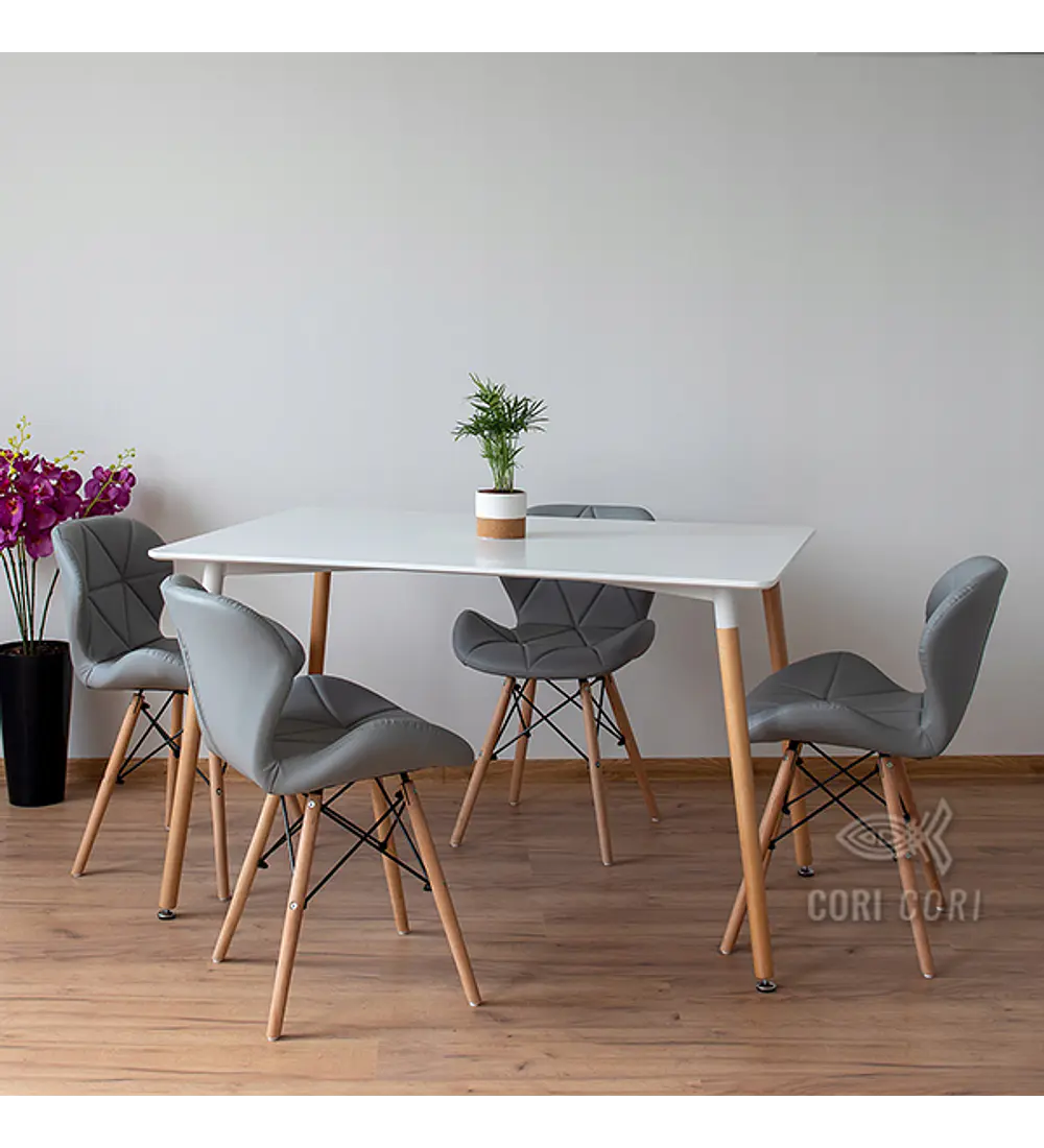 Comedor Mesa Blanca 130 x 80 + 4 Mariposa Eames Ecocuero