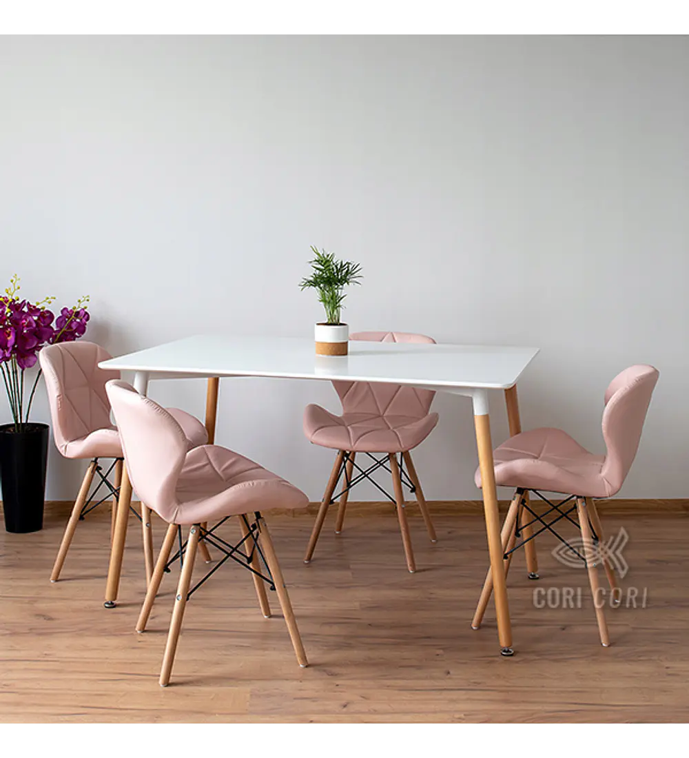 Comedor Mesa Blanca 130 x 80 + 4 Mariposa Eames Ecocuero