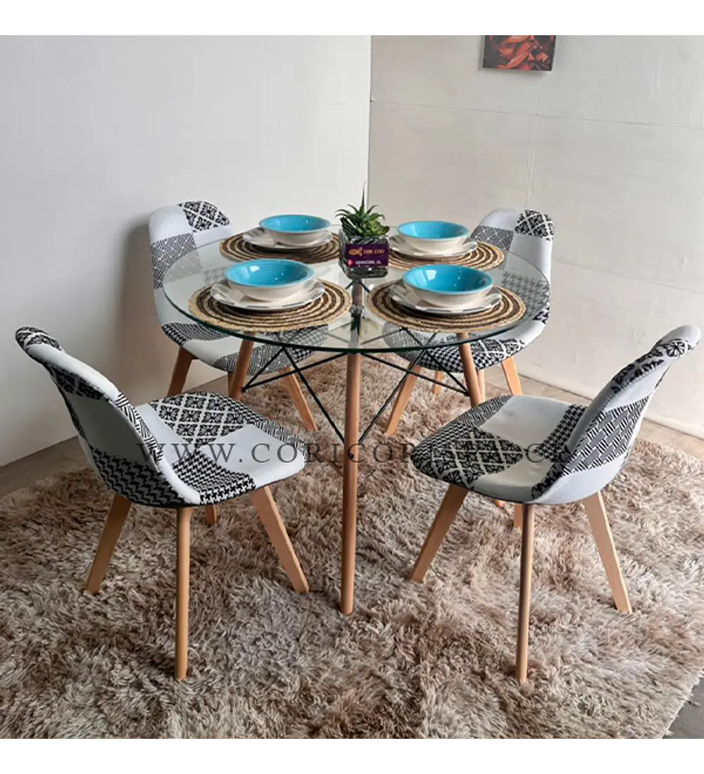 Comedor Eames Vidrio 100cms + 4 Sillas Patchwork Wood 