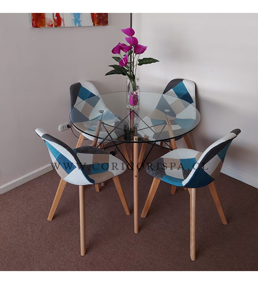 Comedor Eames Vidrio 100cms + 4 Sillas Patchwork Wood 
