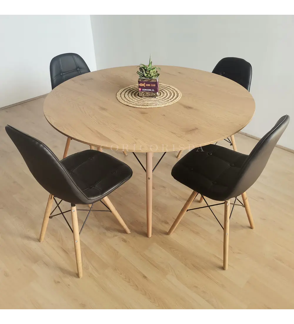 Comedor Mesa Wood 120cm + 4 Sillas Eames Capitonne