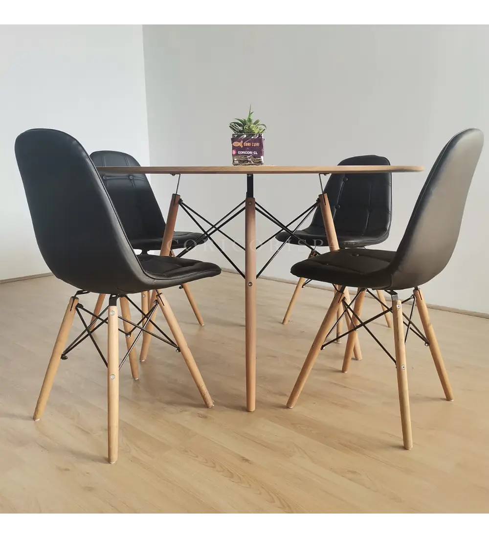 Comedor Mesa Wood 120cm + 4 Sillas Eames Capitonne