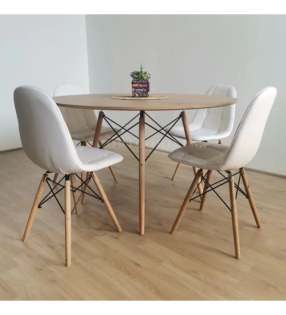 Comedor Mesa Wood 120cm + 4 Sillas Eames Capitonne