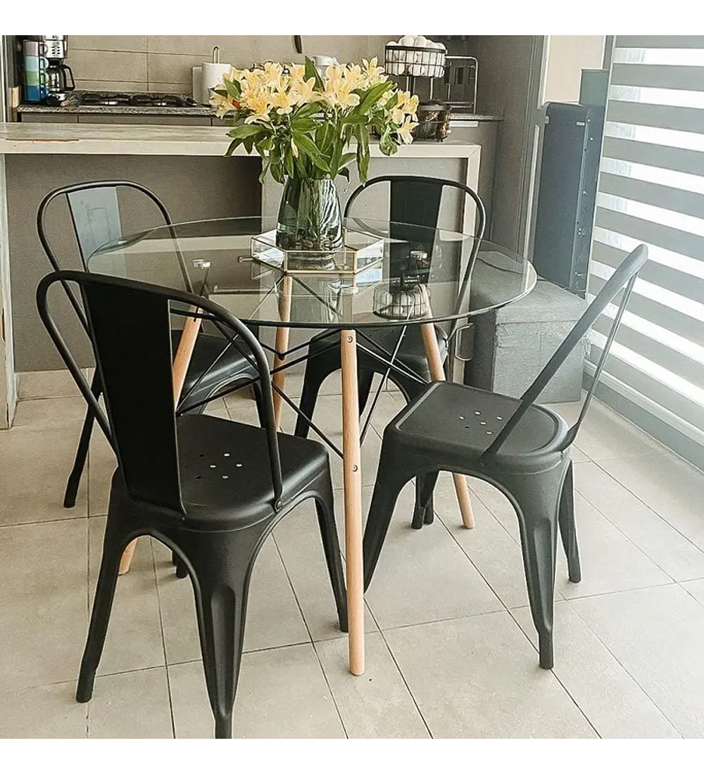 Comedor Eames Vidrio 100cms + 4 Sillas Tolix 