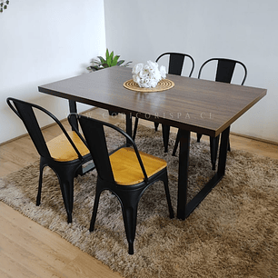 Comedor Industrial 140x90 + 4 Sillas Tolix Asiento de Madera